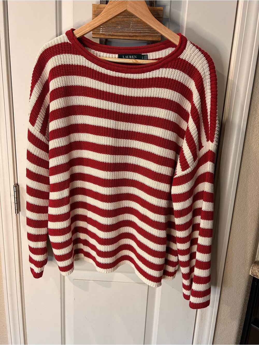 Lauren Ralph Lauren Ribbed Knit Sweater Black Label White/Red Striped Crew Neck